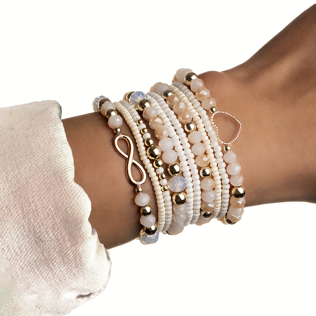 TEMU A Set Of 10 Elegant Glass Bead Bracelets Featuring Mixed Styles, Heart And Infinity Symbols, Perfect For Layering And Ideal As A Gift For