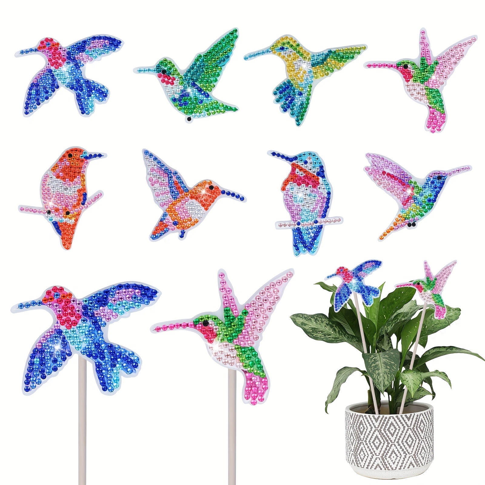 TEMU 8 Pcs Hummingbird Diamond Painting Kits Plant Flower Stakes For Garden Decor, Hummingbird Diamond Art Kits For Adults, Arts And Crafts Set, Diy