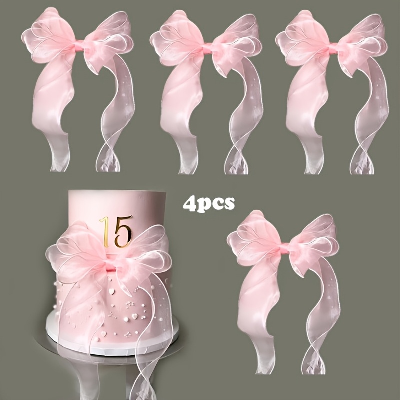 Image of 4pcs/8pcs Pink Pre-tied Organza Bows For Birthday Party Decorations, Ribbon Mesh Bows Ornament For Christmas Gift Wrapping Bottle Cake Treat Bag Craft Party Decorations Christmas, Halloween