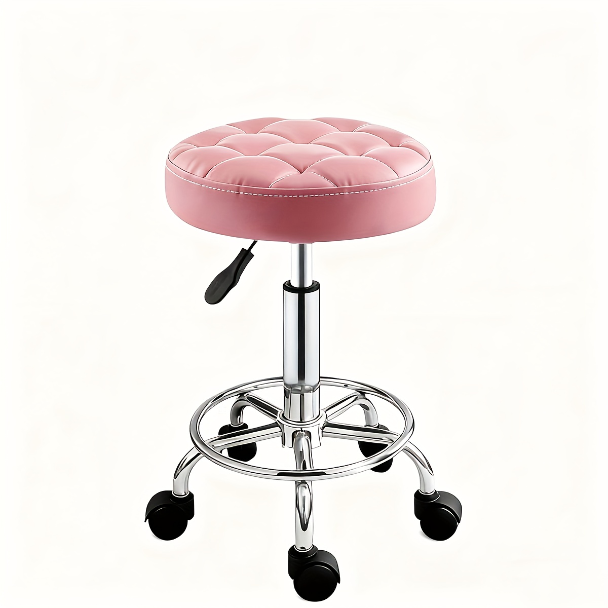 Adjustable Rolling Salon Stool | Black/pink/white Tufted Swivel Office Chair With Wheels