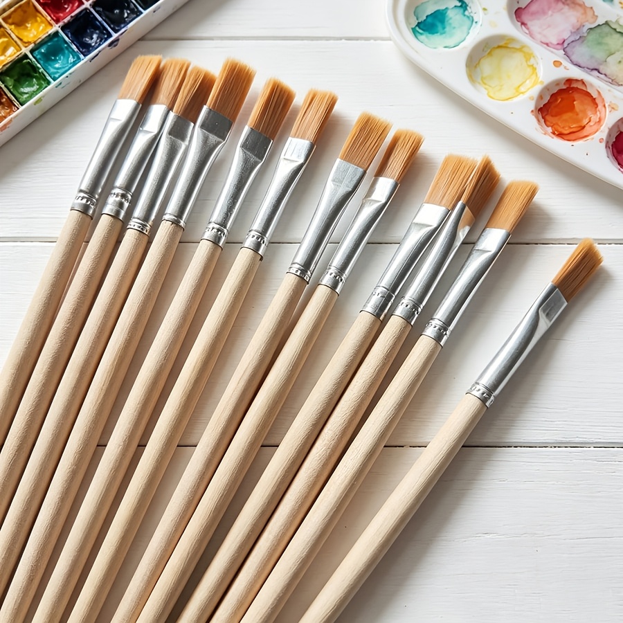 TEMU 12pcs Natural Wood Handle Flat Paint Brushes, Nylon Hair Artist Flat Brushes Set, Wooden Painting Brushes For Acrylic Watercolor Oil Craft Model