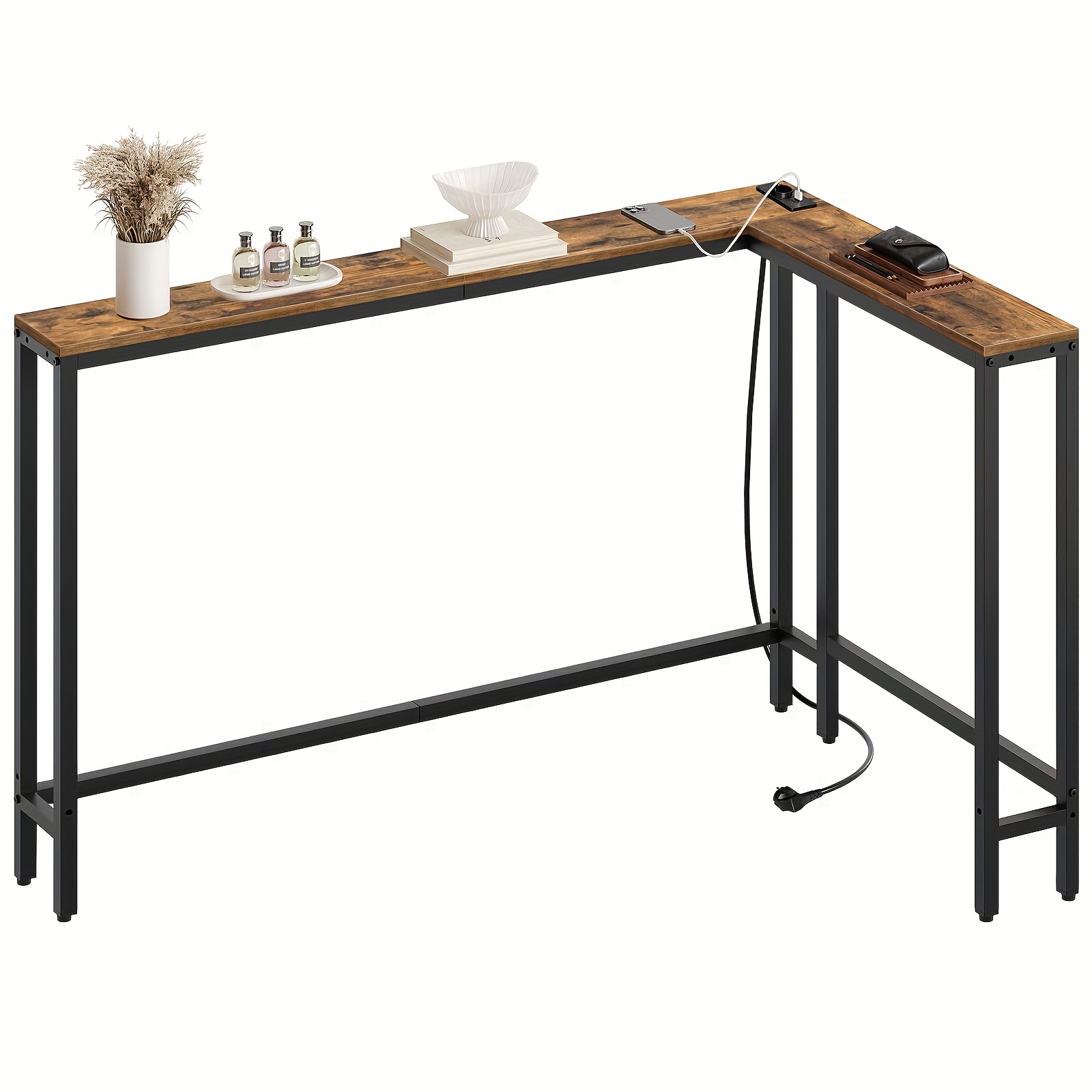 Narrow Console Table, 180cm Narrow Entry Table - L-shaped Hallway Table, With 3 Combination , 15cm Wide, Equipped With 1 Power Socket And 2 Usb Ports, Suitable For Living Rooms, , Behind Sofas