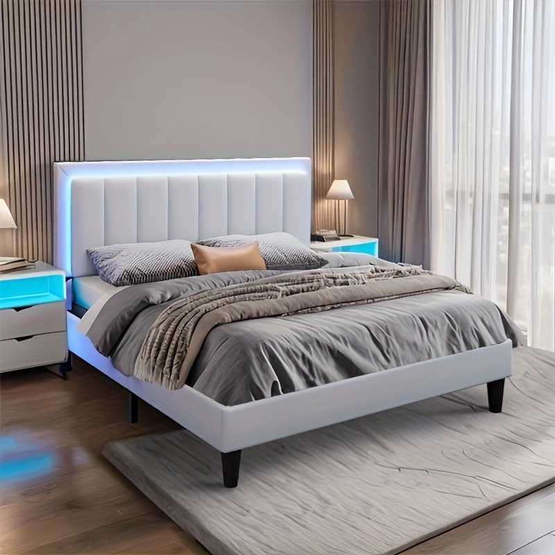 

White Full Queen Size Bed Frame With Led Lights, Upholstered Adjustable Headboard, Wood Slat Support, Spring Needed, Easy