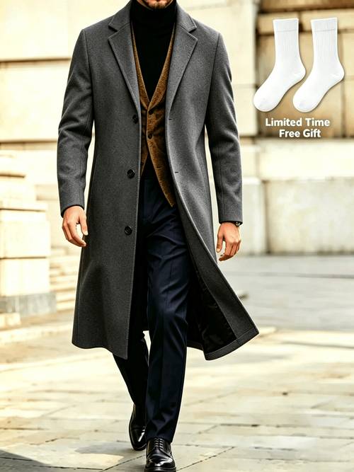 item picture 2026 new european mens autumn winter over the knee long coat business versatile casual easy solid color single breasted coat jacket free socks