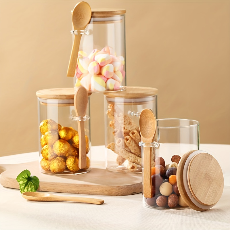 

1pc Glass Storage Jar With Lid And Wooden Spoon, Kitchen Organizer For Seasonings, Snacks, Cheese, Butter, Milk - Clear Kitchen Storage Container