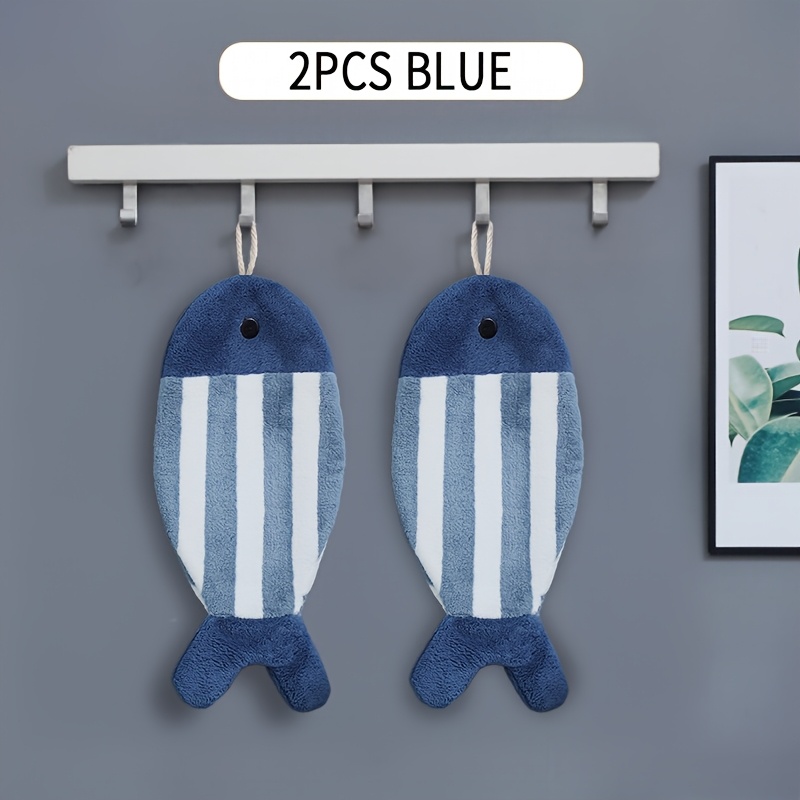 TEMU 2pcs Cute Fish-shaped Hand Towels - Soft & Absorbent Coral Fleece, Hanging Design With Striped Patterns, Pink, And Green, Perfect For Use, Wash Cloths, | Design| Fleece, Fish Decor