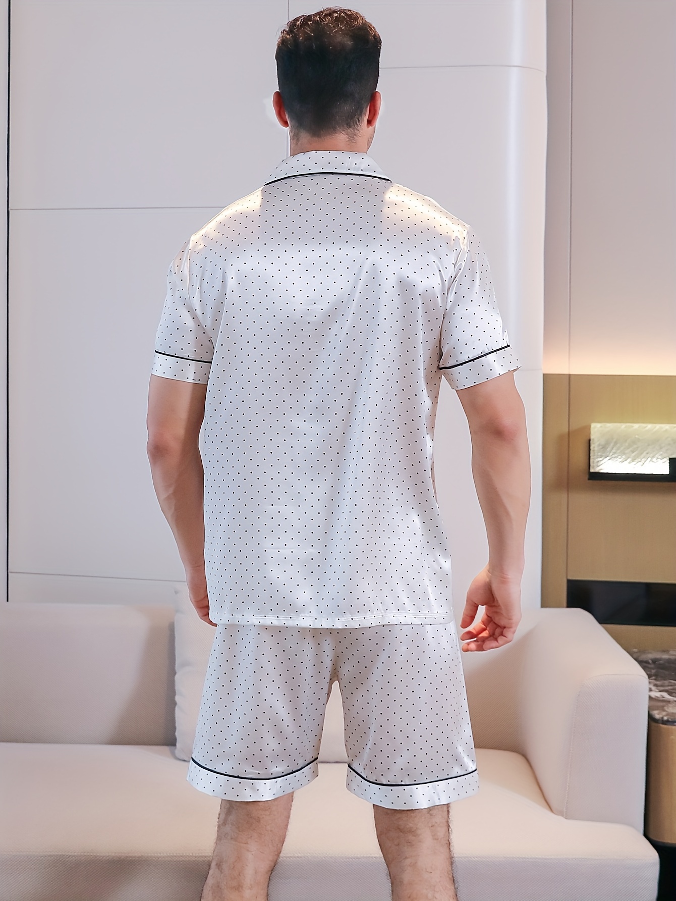 Men'S 2pcs Pajama Set, Casual Lapel Collar Short Sleeve Shirt and Shorts, Summer Comfortable Home Wear, Polyester 97%, Non-Stretch Woven Fabric, Polka Dots Pattern, Loose Fit - All Season