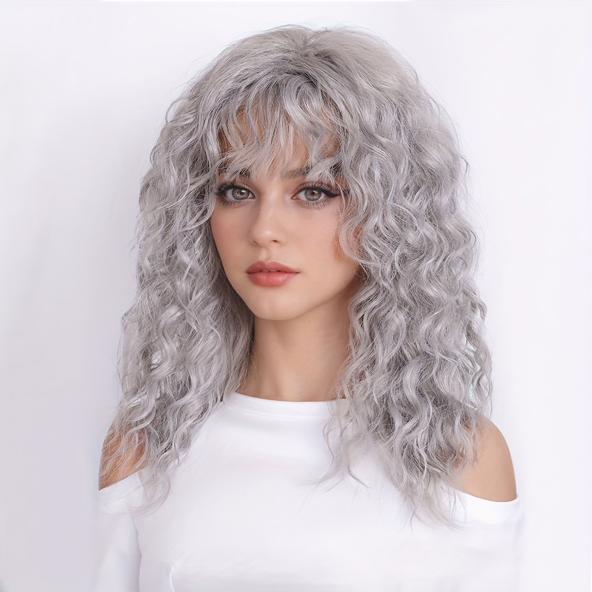 

Chic 18-inch Long Curly Wig With Bangs For Women - Heat Resistant Synthetic Hair, & Halloween Parties