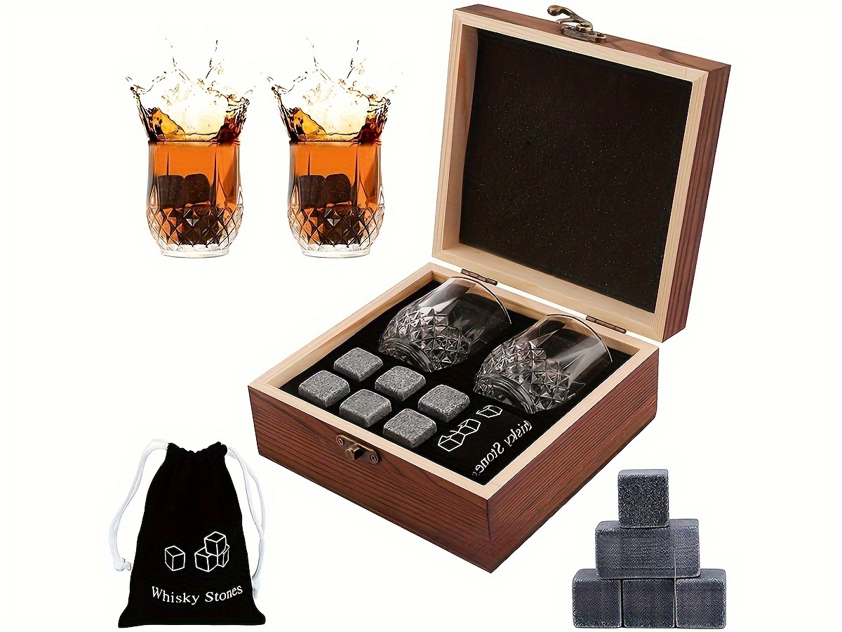 deluxe whiskey stones gift set with engraved glassware reusable granite ice cubes holder   storage bag drawstring pouch ideal for fathers day anniversaries birthdays whiskey glasses details 1