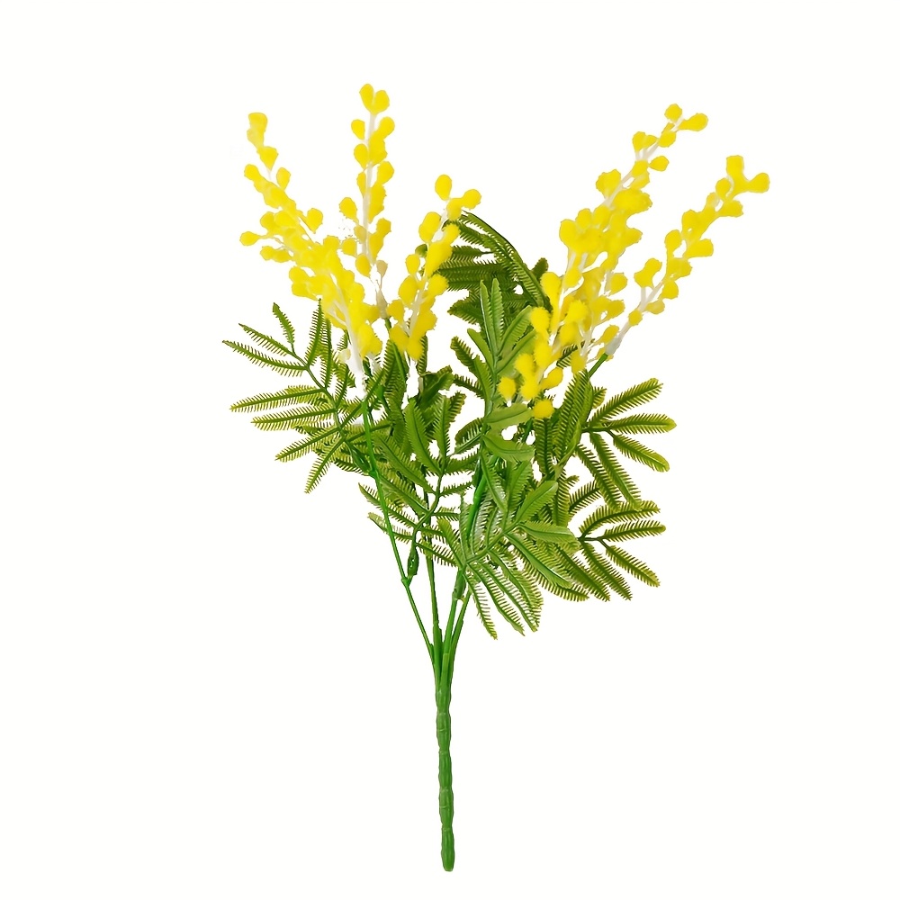 1 Bunch Of 7 Yellow Acacia Mimosa Artificial Flowers, Suitable For Decoration