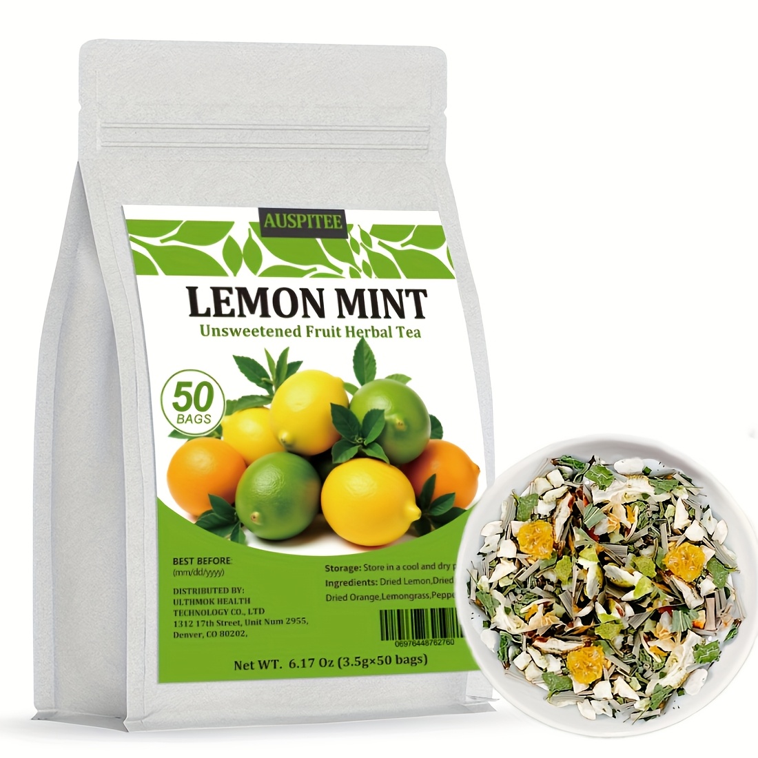 ULTHMOK Lemon Mint Herbal Fruit Tea, 50 Tea Bags, 6.17 oz, with Lemon, Lime, Lemongrass, Orange, and Mint Leaves
