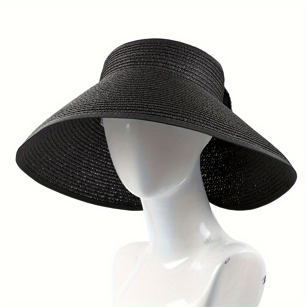 Foldable Straw Visor Hat Bowknot Wide Brim Ponytail Sun Hats