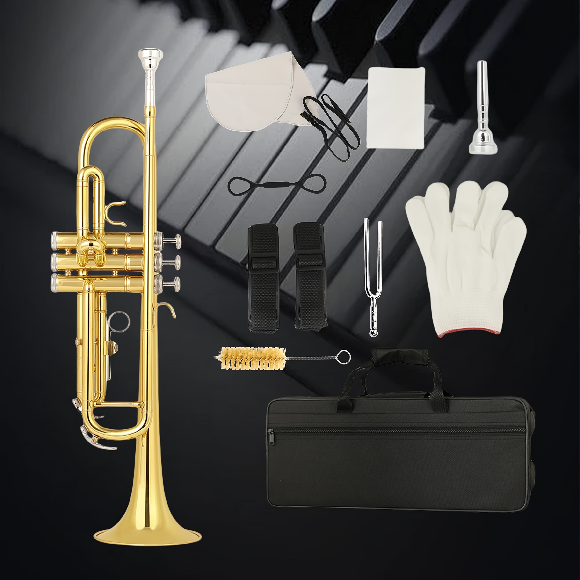 item picture 8pcs set professional   trumpet high quality brass material transparent tone stable intonation   suitable for   students band teaching grading exams and performances standard instrument bag cleaning cloth