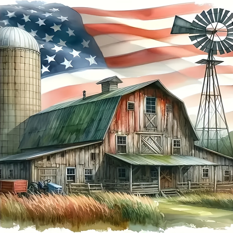 TEMU Round Diamond Full Diamond Painting Set, Rustic American Flag Landscape, Acrylic Diy 5d , Handmade Gift