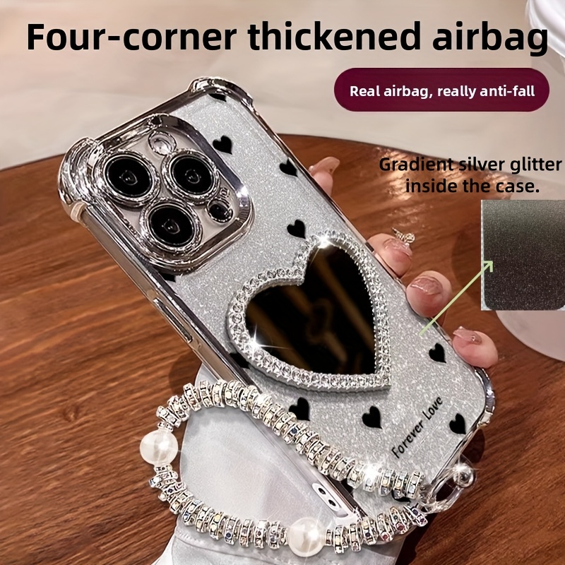 TEMU Phone Case: Four-corner Gradient Glitter Paper Full-screen Black Small + Heart Mirror Bracelet, Compatible With Iphone 17/16/14/15 Phone Cases