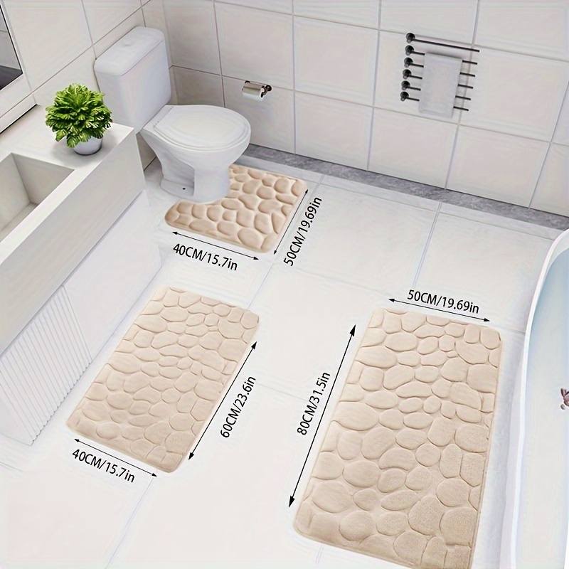 TEMU 3pcs Pebble Bathroom Mat Set, Absorbent & Quick-drying Bathroom Floor Carpet, Non-slip & Non-shedding U-shaped Contour Rug, For Bathroom Bathtub Toilet, Ideal Bathroom Accessories