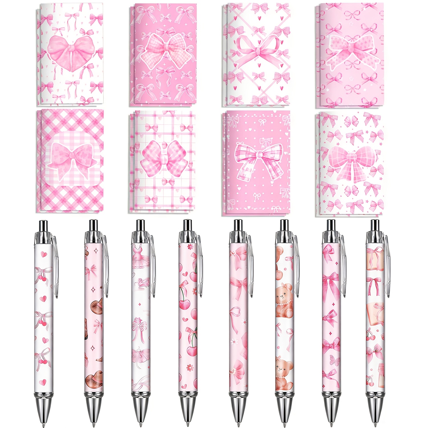 Image of 16pcs Bow Ballpoint Pen And Notepad Set, Holiday And Birthday Gift For Women, Essential Diary And Retractable Pocket Pen For Women, Cute Stationery Set, School And Office Supplies