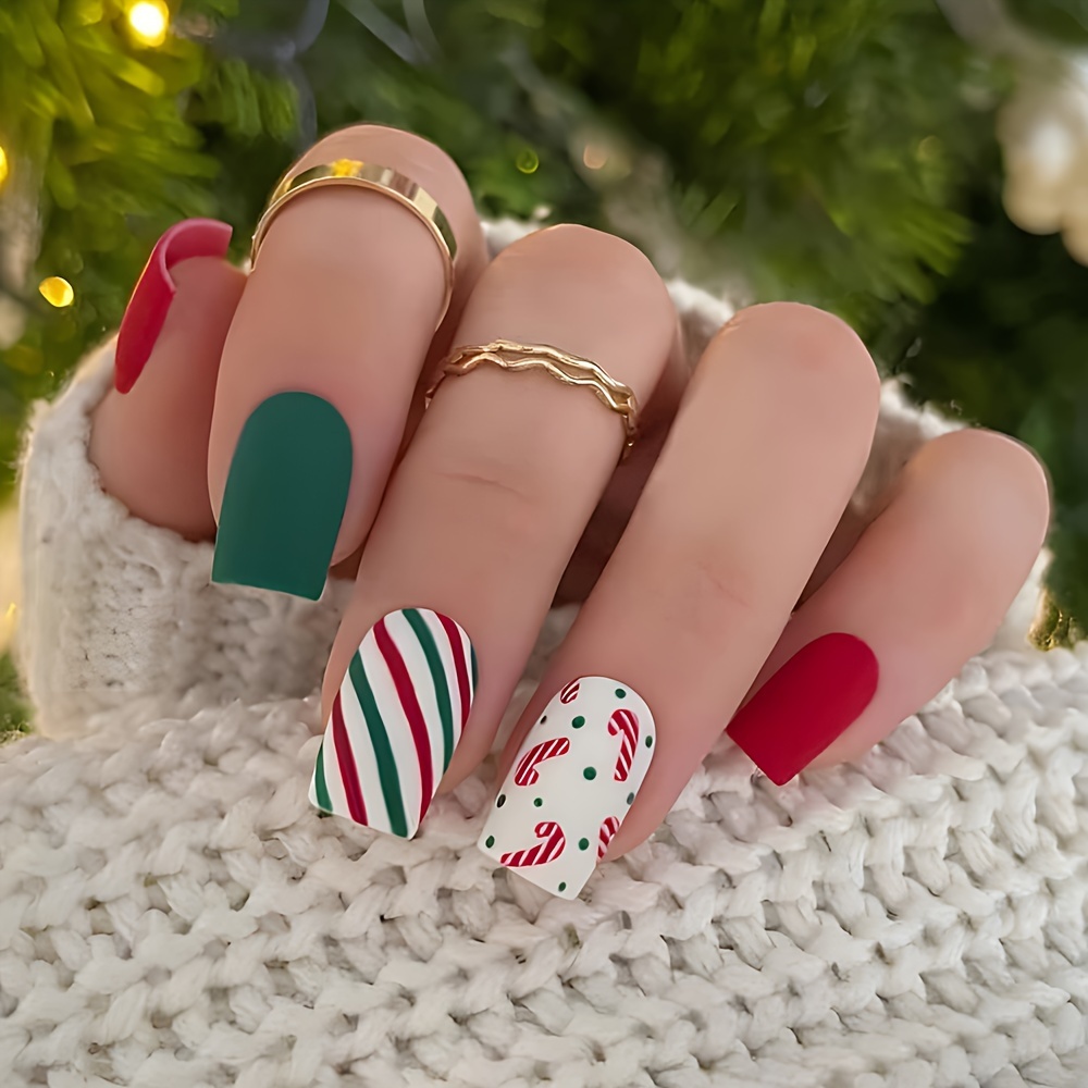 

24pcs Christmas Press-on Nails Set - Glossy Medium Square, Green & Pink Striped Fake Nails With Candy Cane Designs For Women