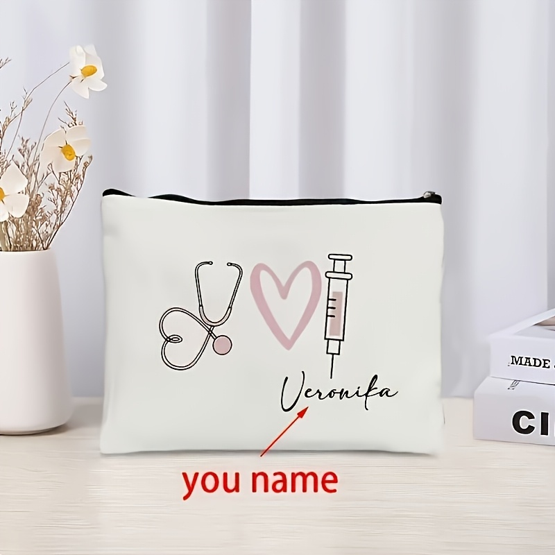 TEMU 1pc Personalized Nurse Bag With Custom Name - -themed Stethoscope & Syringe Design, Beige Zippered Nursing Organizer, Compact Work Bag Or School