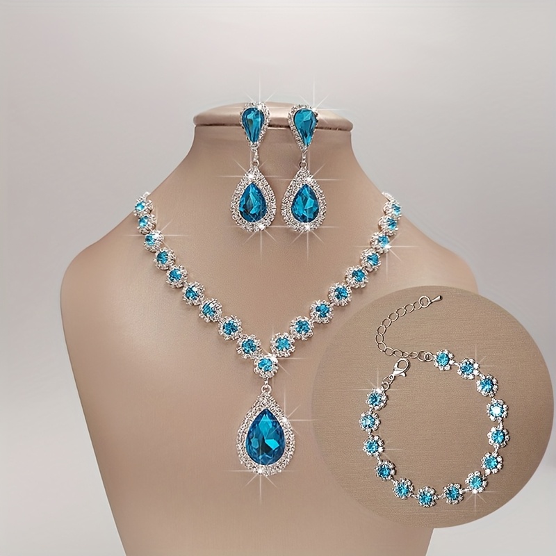 TEMU Water Drop Synthetic Gemstone Pendant Necklace, Dinner Party Accessory Set, 1 Necklace + 1 Bracelet + 1 Pair Of Earrings Luxurious And Elegant