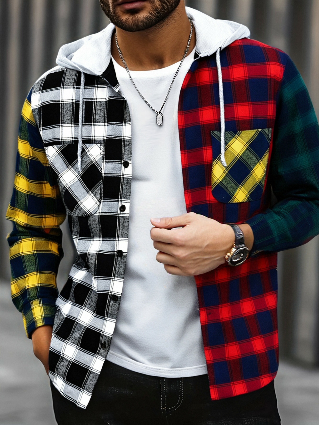 Sudaderas Deportivas Sudadera Capucha Dos Colores Sudadera Capucha Cuadros  Bloques Hombre Sudaderas Temu Argentina