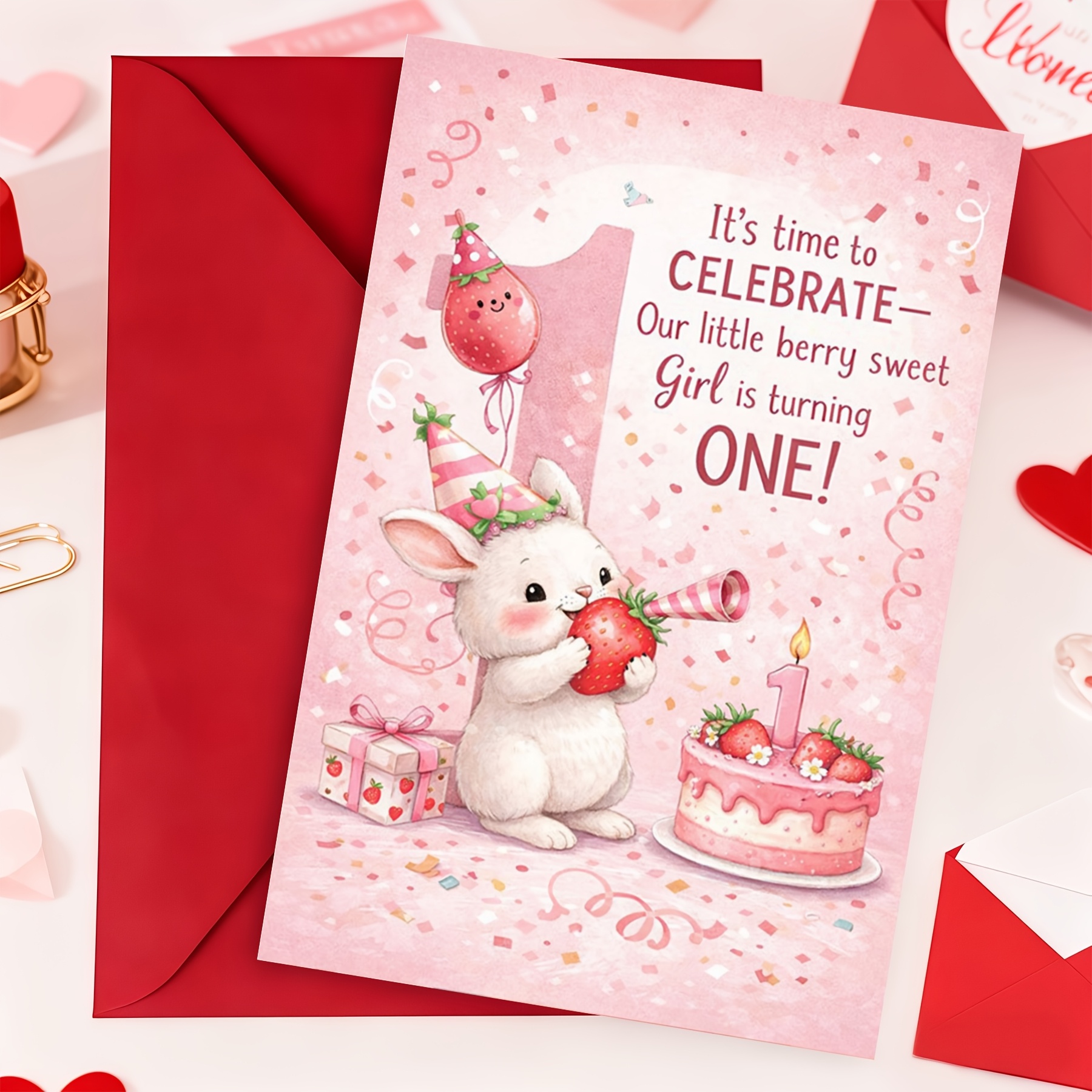 TEMU 1st Birthday Card For Girl, And Strawberry-themed Design With A Party Horn, Cake, And Gift. "turning One!" Celebration Card, Includes Matching
