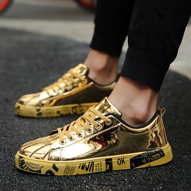 unisex metallic golden skateboarding sneakers low top lace up casual board shoes with pu upper and sole fabric interior trendy streetwear footwear for all details 5