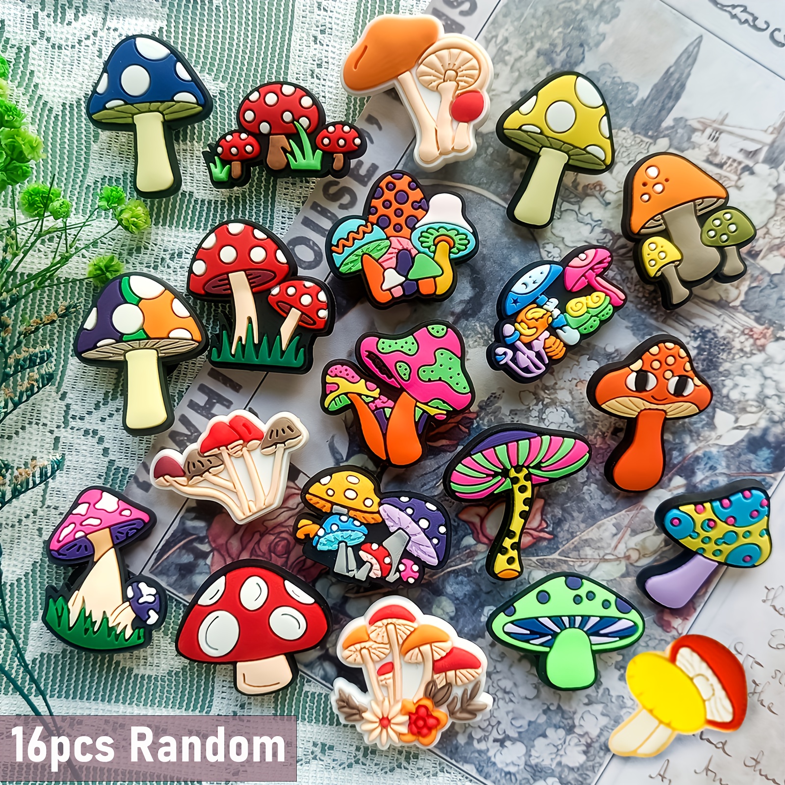 TEMU 16pcs Random Mushroom Series Shoe Charms, Mushrooms, Green Mushrooms, Mushroom Shoe Ornaments, Suitable For Clogs Diy Decoration, High Quality