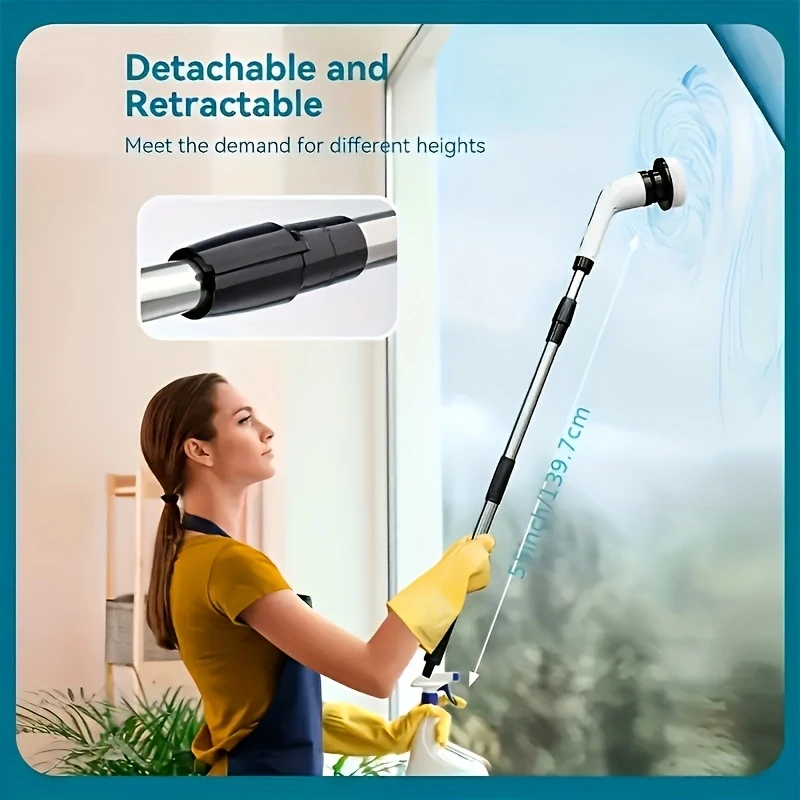 versatile 9 in 1 electric spin scrubber with wireless brush head battery power indicator settings extendable detachable handle multiple replaceable heads for cleaning in kitchen bathroom living room more details 3