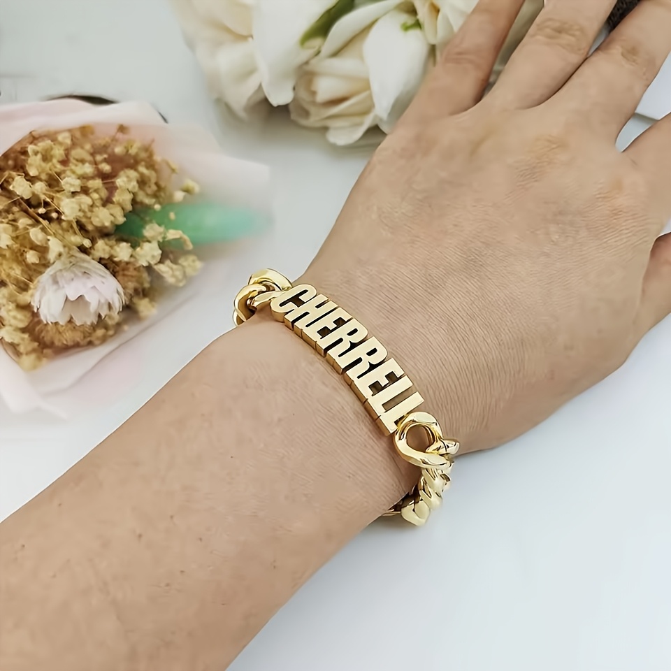 TEMU A Custom- 304 304 304 304 Stainless Steel 18k Gold Plated 18k Gold Plated-plated Stylish Personalized Cuban Link Letter Bracelet - For A Father