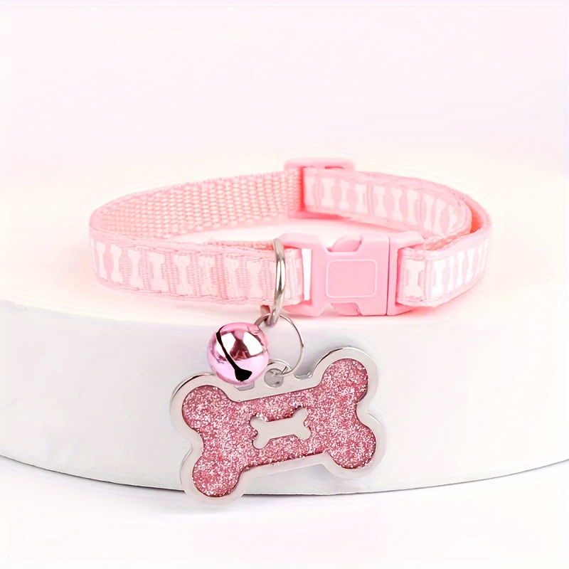 Customizable Pet Collar with Cartoon Bone Tag and Bell, Personalized with Name, Phone, Address - Durable Polyester Fiber, Paw Print Pattern, Safe Accessory for Cats and Dogs, Dog Leash &amp; Collar