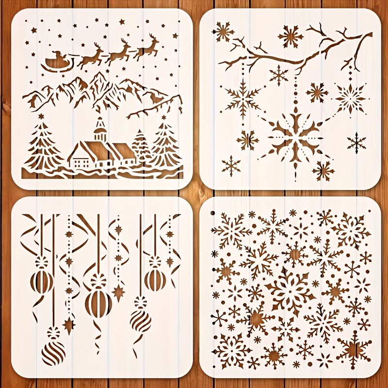 TEMU 4pcs Christmas Stencils, 15*15cm Reusable Painting Stencils, Holiday Celebration Stencils, Winter Snowflake Stencils For Holiday Decoration, ,
