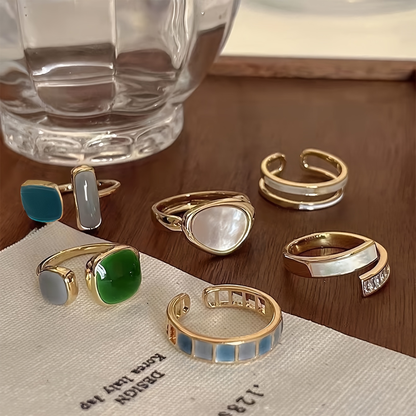 Image of 6pcs Set Vintage Fashion Geometric Curved Surface Ring, Joint Ring, Drip Oil Exaggerated Open Smooth Ring, Women's Vacation Party Date Gift, For Daily Matching, Holiday Gifting