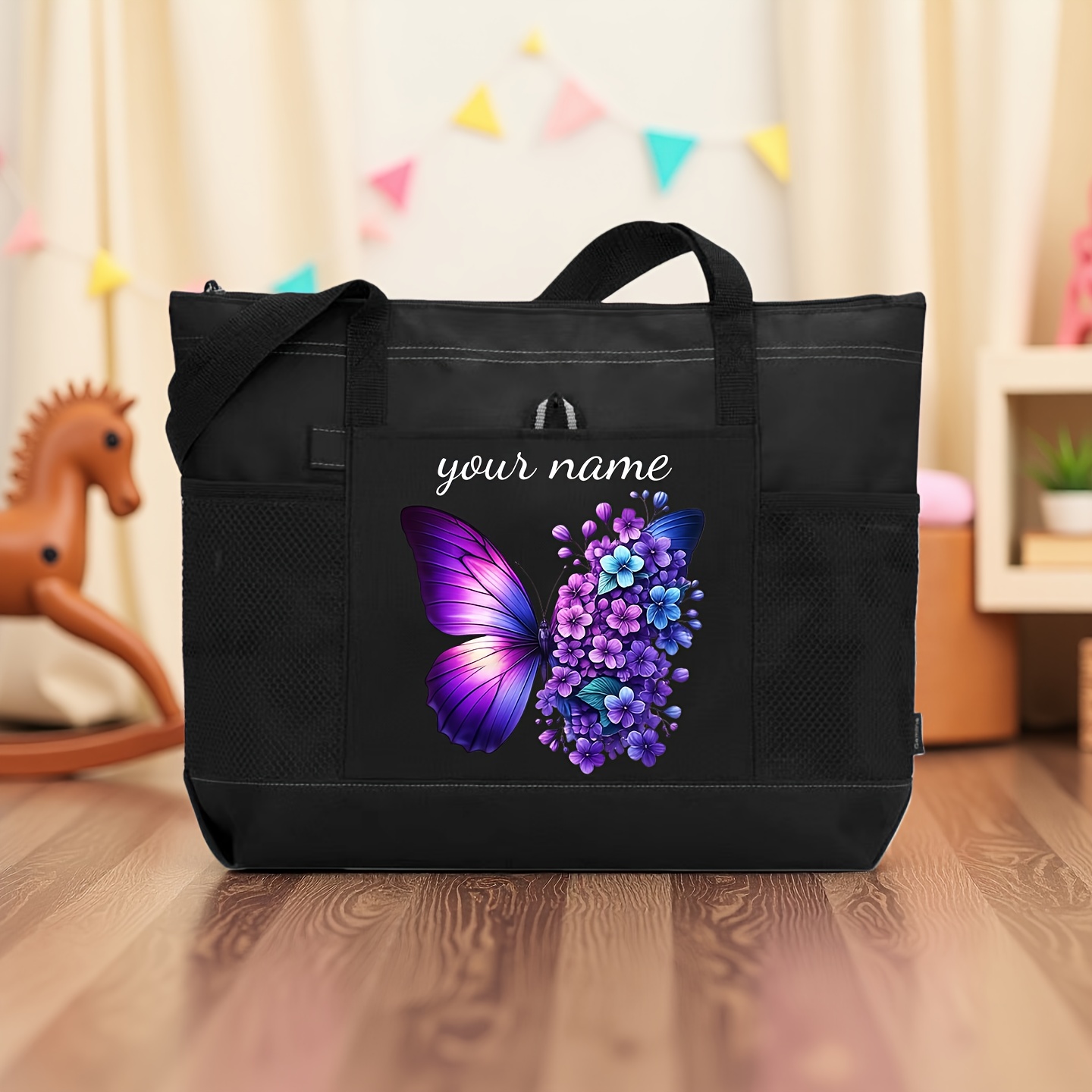 TEMU Purple Pattern, Custom Unique Name, Zipper Closure, Large Capacity Durable Tote Bag, Suitable For Seasonal Decor, Travel, Beach Vacation