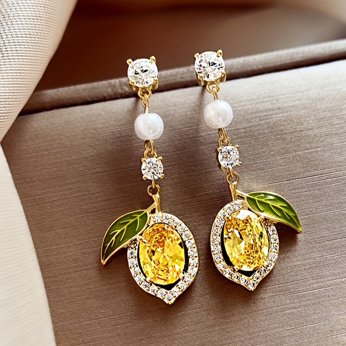 

Festive Yellow Citrus Pearl Crystal Dangle Earrings - Perfect For Summer Days