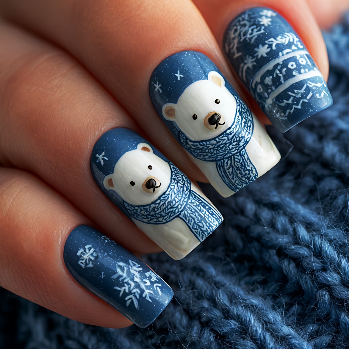 TEMU Medium-length Blue And White Christmas 24pcs Detachable Reusable Press-on Nails, Bear Christmas Fake Nails, Convenient Holiday Wear Nail Set