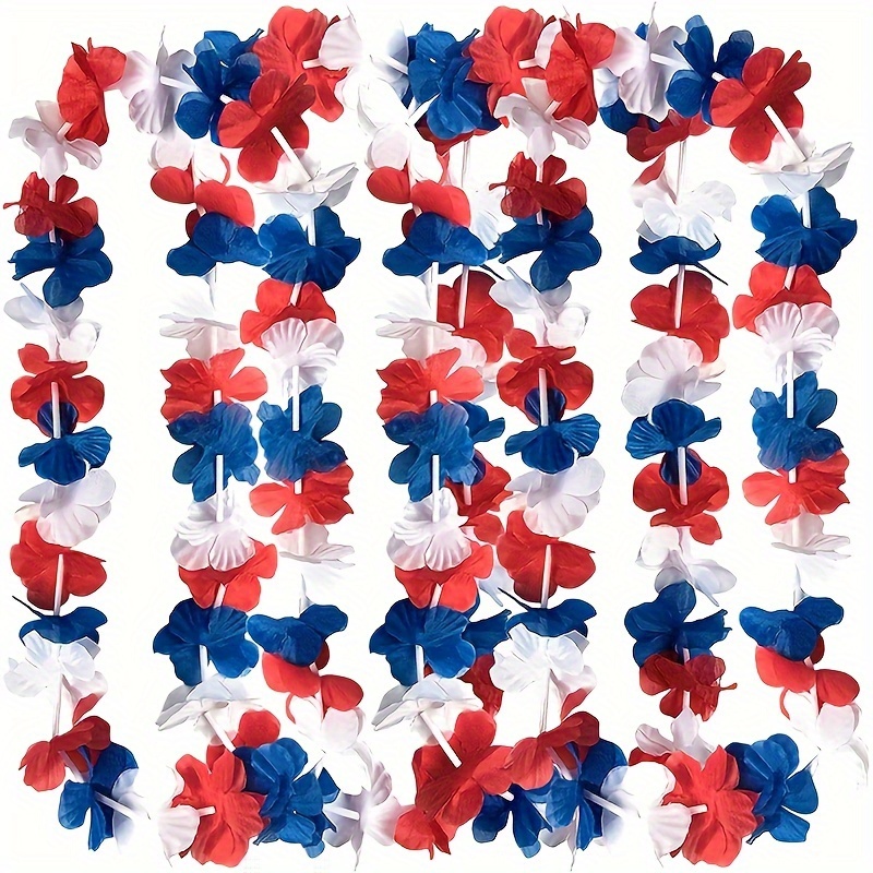 

5pcs, Patriotic Plastic Red, Blue, And White Flower Leis - Perfect For Fourth Of July, Memorial Day & Parade Decorations - Ideal As Necklaces, Theme Float Decorations & Theme Accessories