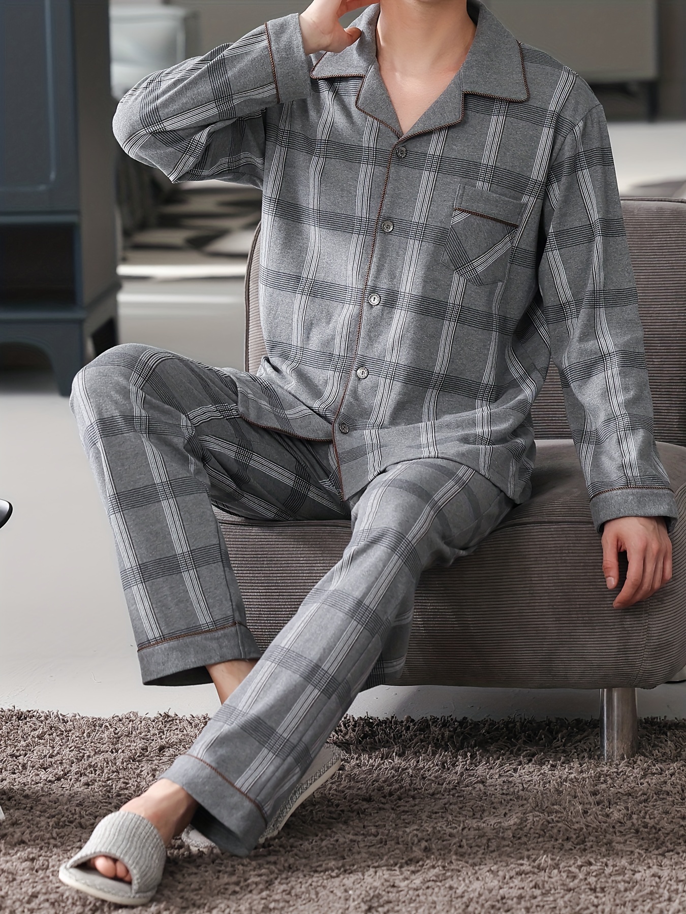 pyjama hommes en coton pur à manches longues printemps Temu