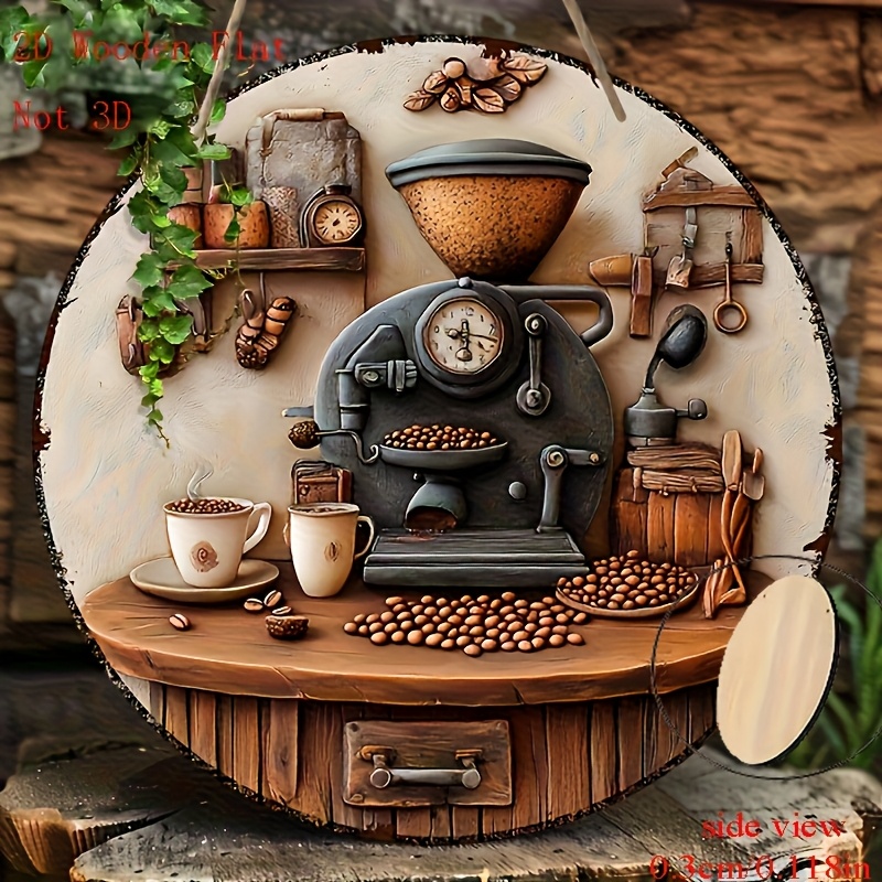 TEMU 2d Flat - 2d Printed Vintage Coffee Decor Plaque & Ornament - Rustic Wooden Coffee Bar Sign With Espresso Machine, Coffee Beans, And Teacups -
