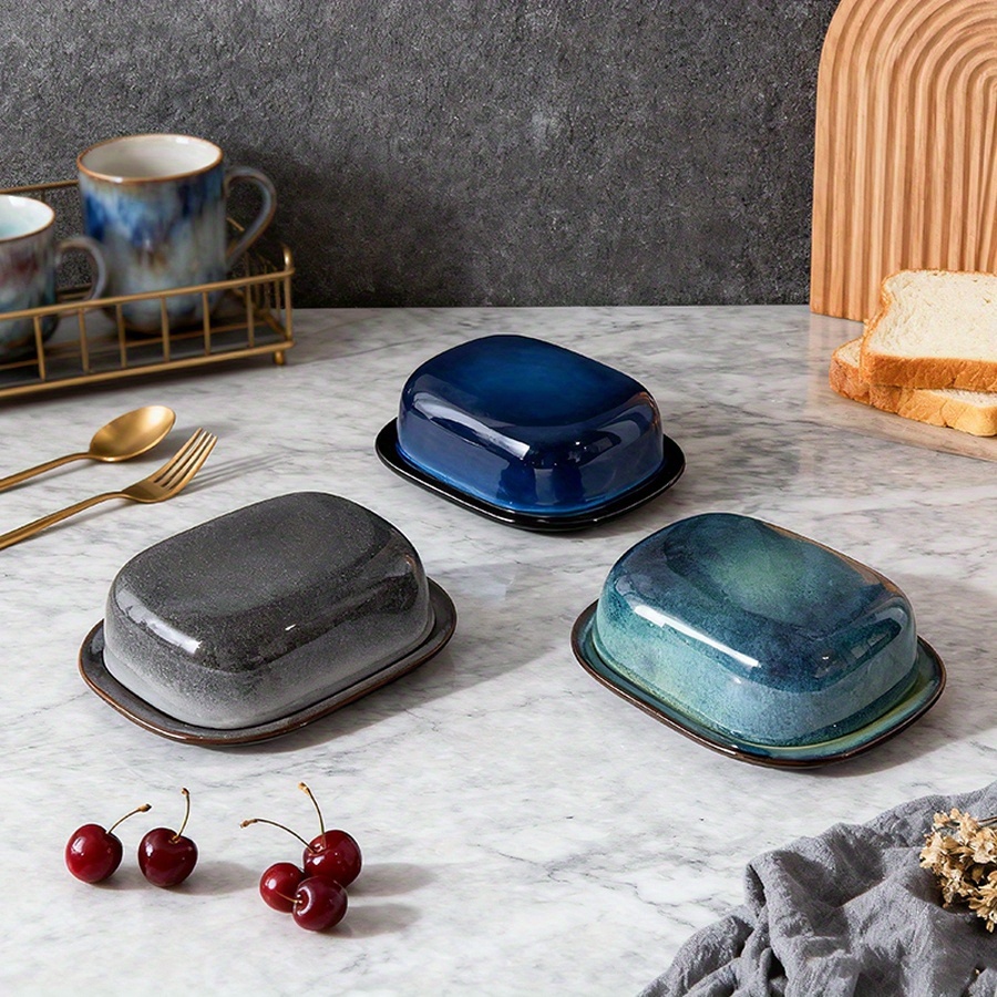 1pc retro kiln change ceramic butter dish with lid porcelain butter dish for countertop butter keeper butter holder container for     butter modern kitchen decor wedding housewarming gift