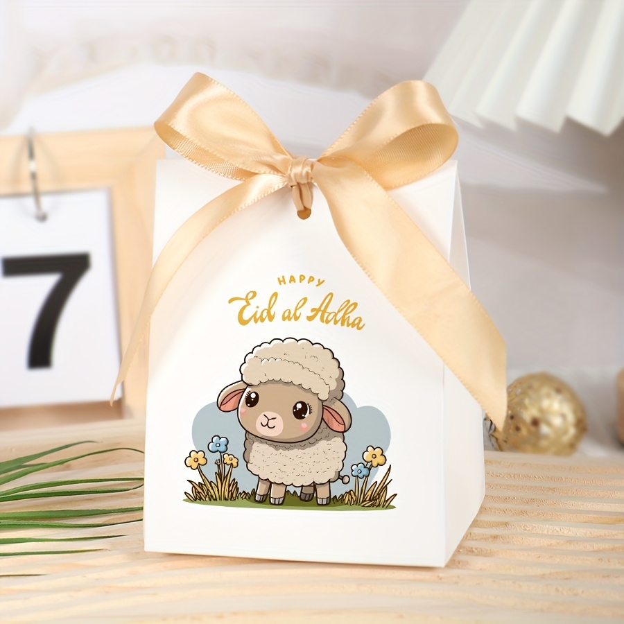 E-shop 10 Stück Eid Party Geschenkboxen - Kreative Elegante Stehende Verpackungsboxen mit Cartoon-Schaf-Design, Bänder in Rot, Beige, Pink und Schwarz,