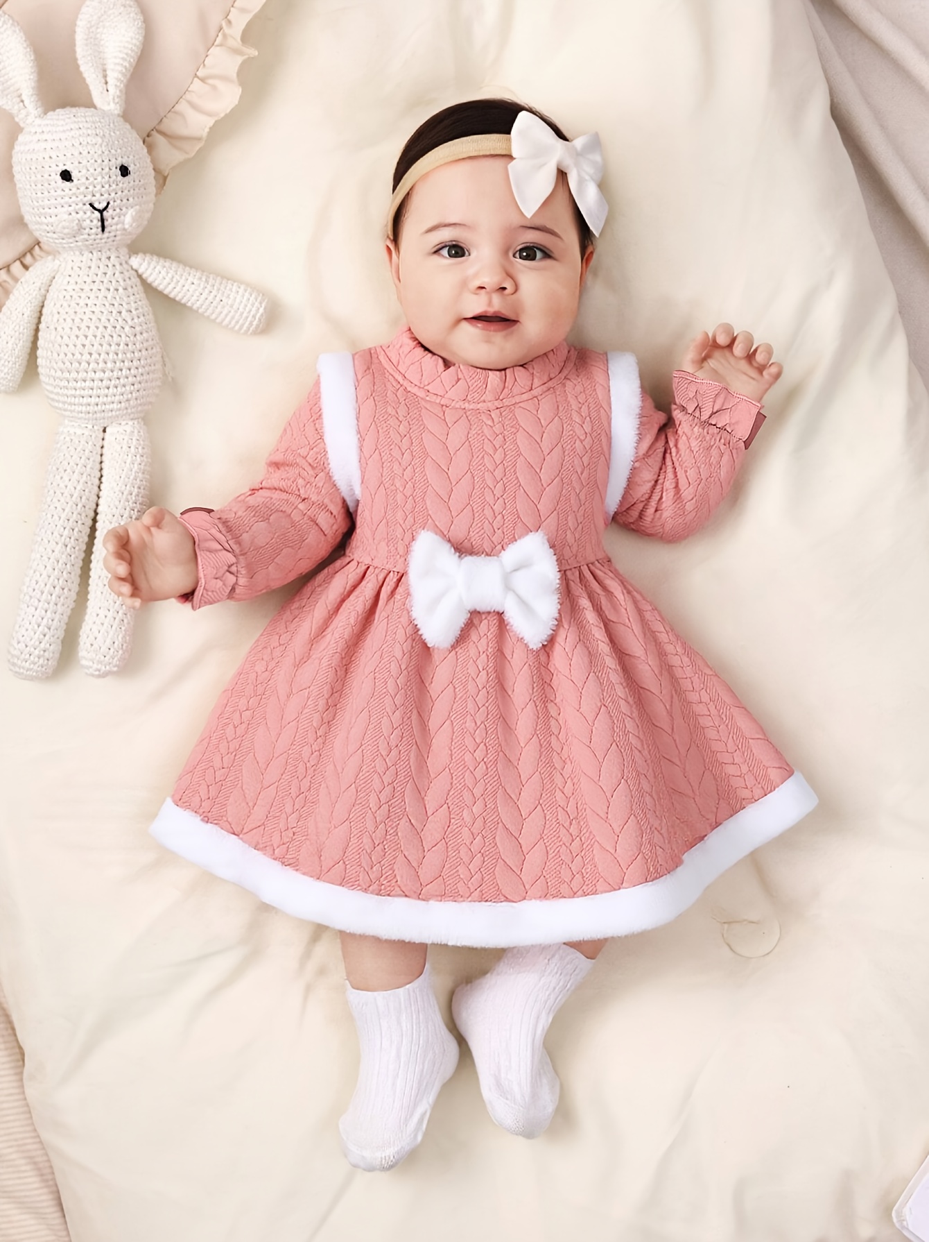 girls thick knit cable texture   stripe spliced fuzzy round neck long sleeve dress with cute bow back button design casual and comfortable for autumn winter   perfect as a gift pale   gray 0