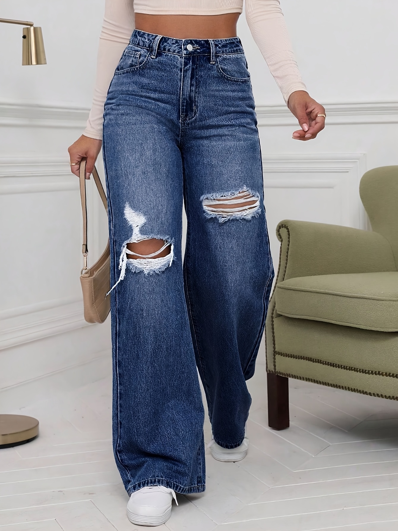 Women's High-Waisted Distressed Wide-Leg Jeans Relaxed Fit Ripped Denim  Pants with Button Fly, Machine Washable Casual Trousers for Casual  Attire,