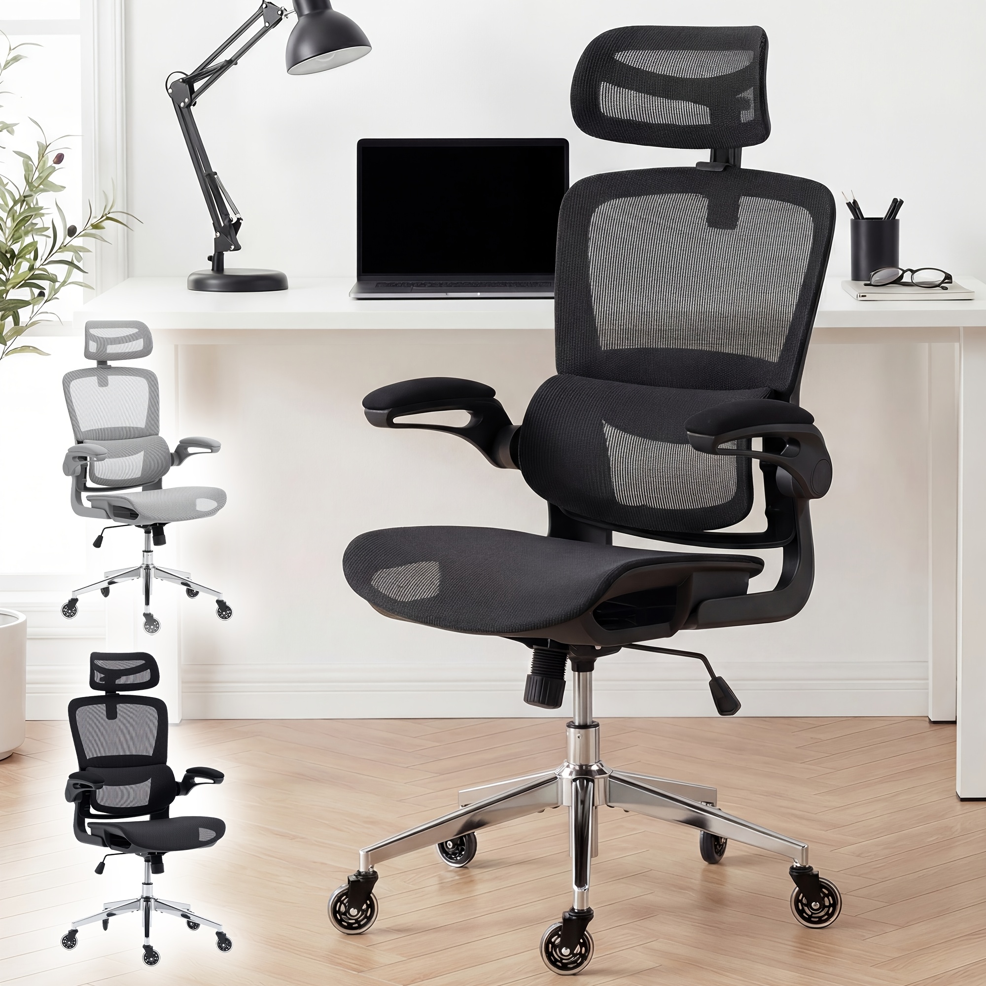 Ergonomic Office Chair Featuring An Adjustable Headrest And Breathable Mesh Fabric, With Foldable Armrests, Adjustable Lumbar Support, A Rocking Function, And Silent Casters; Weight Capacity: 120kg