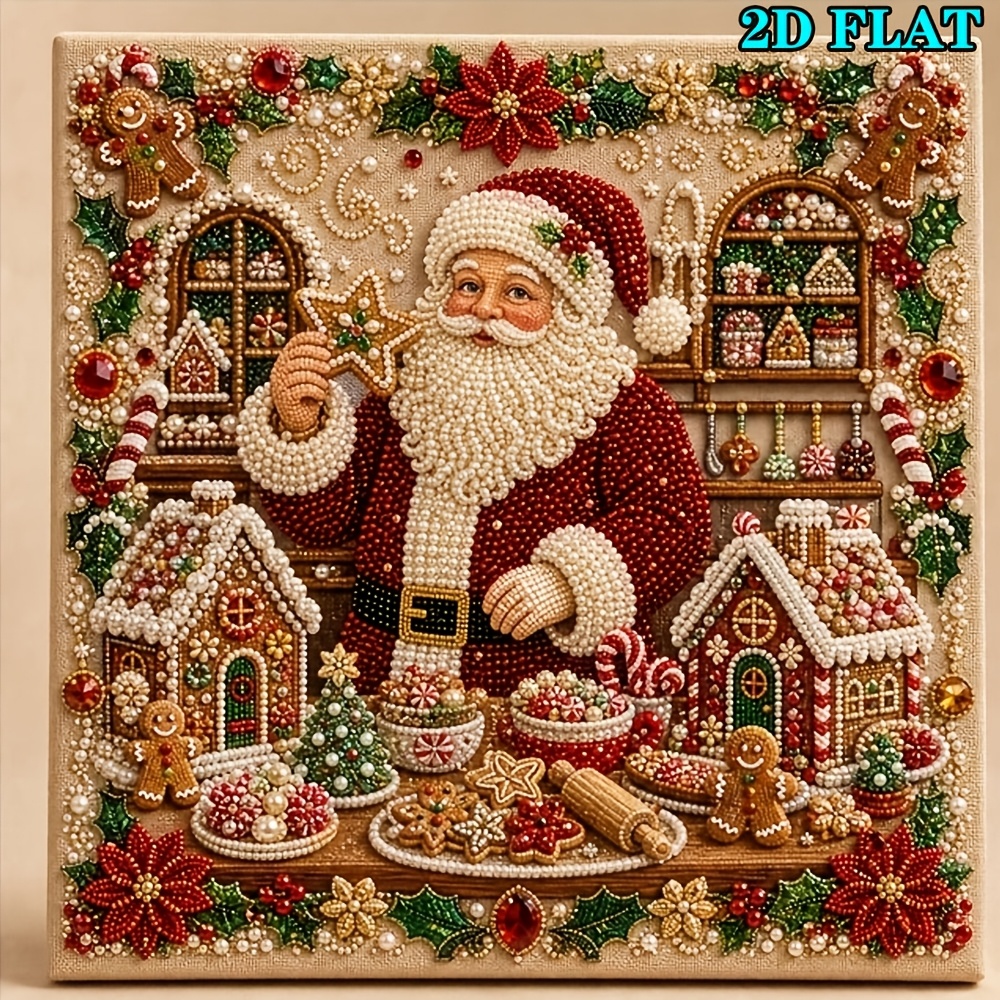 TEMU Peinture Diamant Perle 2D sur Toile Noël (Avec Cadre), Art Décoratif Perle Texture Maison d'Épices Père Noël, Décoration Murale et de Bureau de