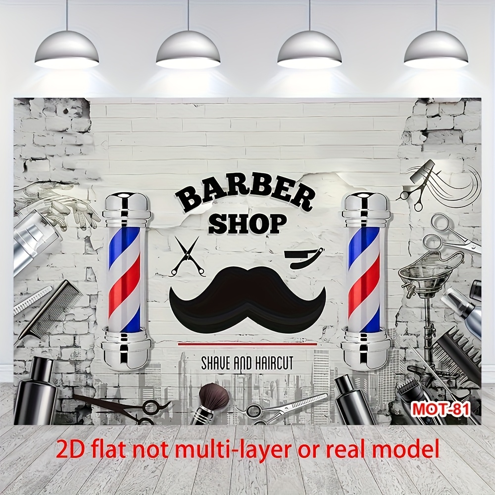 TEMU 2d Flat Banner, 1pc, Barber Shop Party Backdrop Hairstylist Salon Shaving Hairdressing Tools Rotating Light Box Photography Background Painting