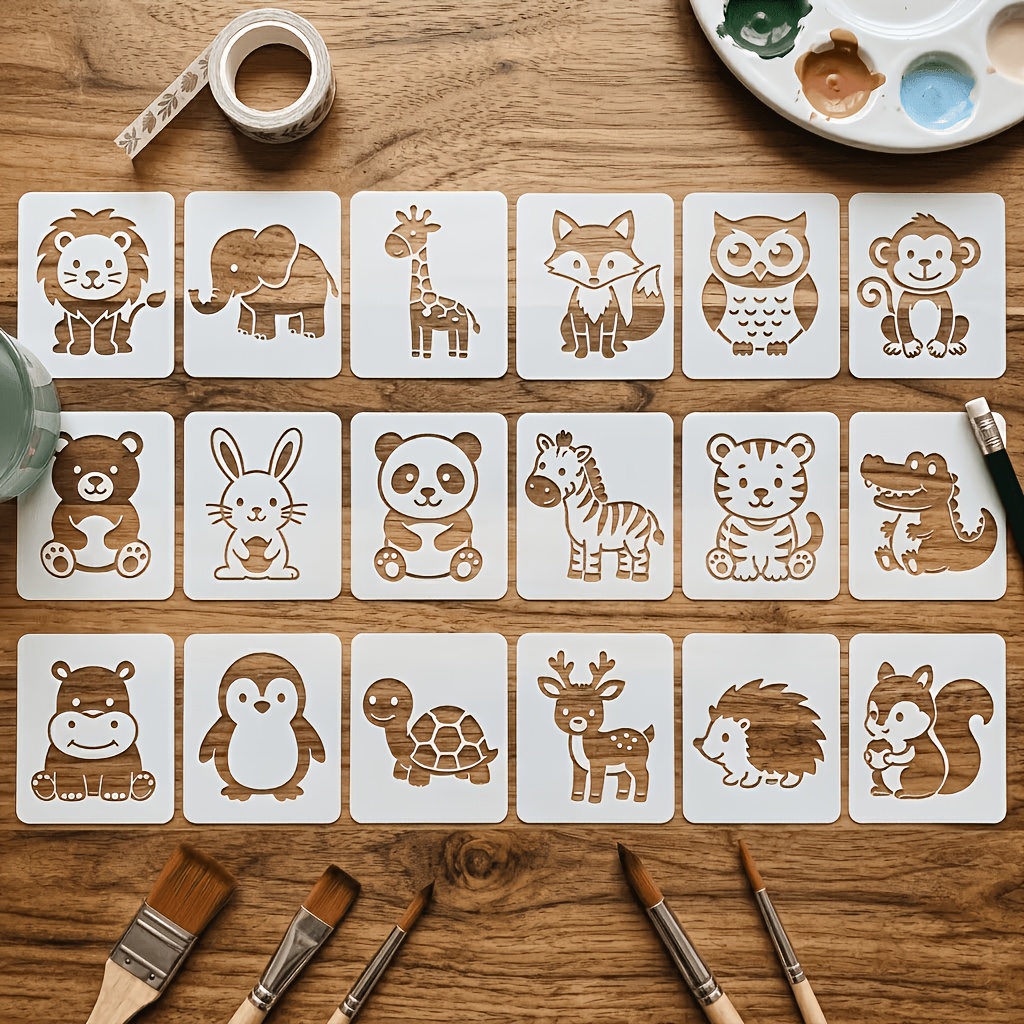 TEMU Lot de 18 pochoirs animaux pour bricolage, fabrication de sous-verres peints à et outil de calque avec moule en plastique blanc crème - Modèles
