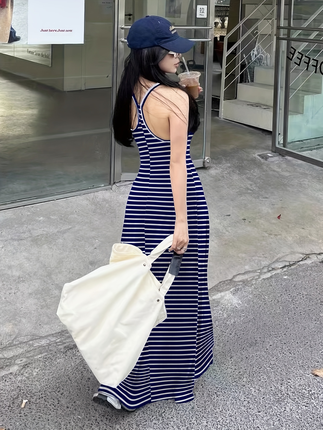 chinese dress ladies Pocket Dress in Blue and White Vertical Stripes  WHIT