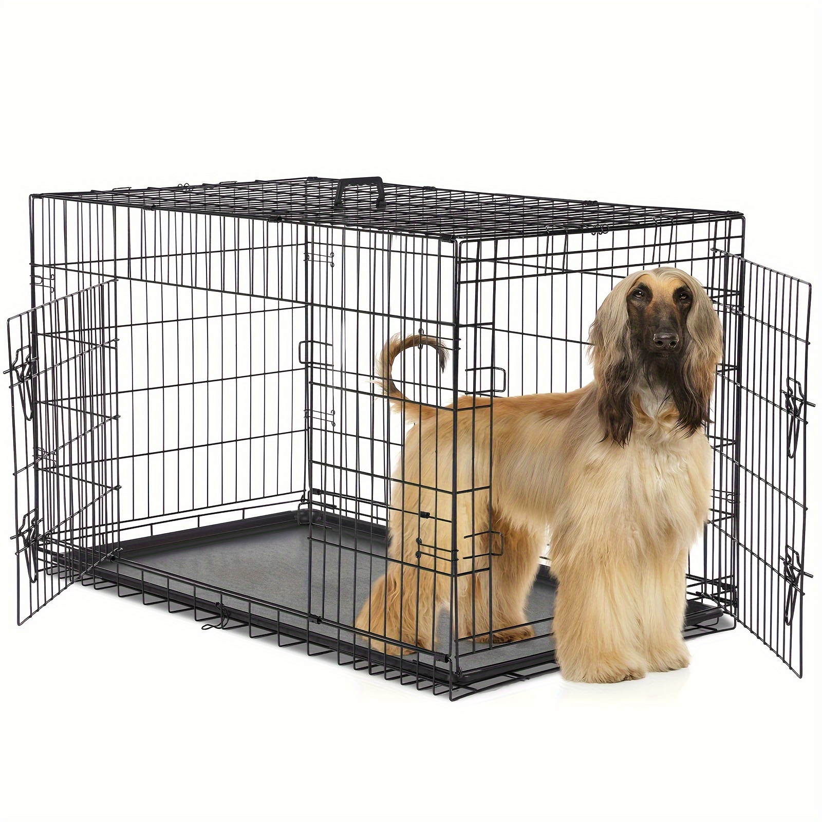 

48 Inch Dog Crate With Divider Panel, Double Door Folding Metal Wire Dog Cage With Plastic Leak-proof Pan Tray, Extra Large Pet Kennel For Indoor, Outdoor, Travel