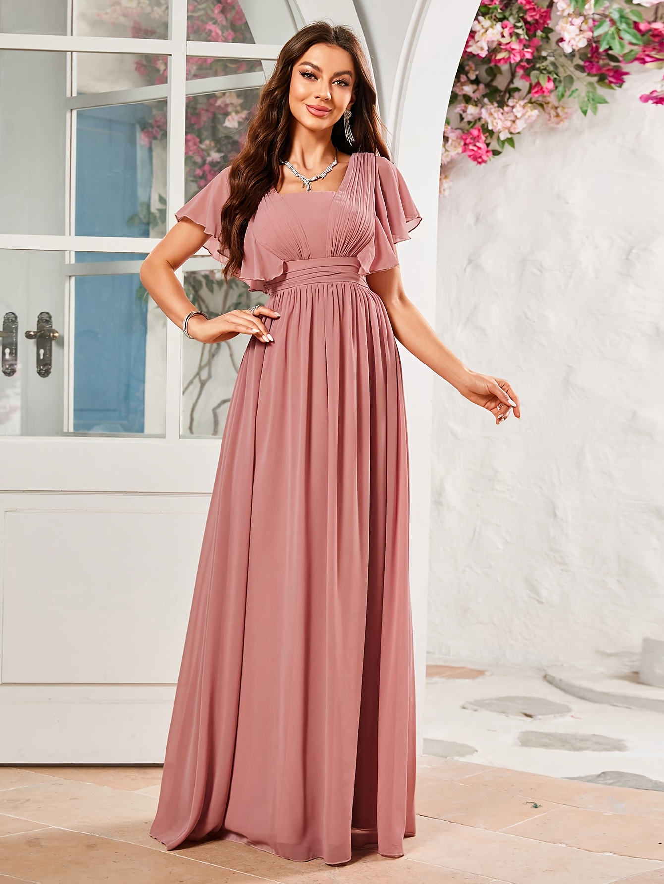 elegant directional lotus leaf sleeve waist cinching chiffon - Temu